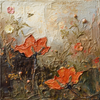 Textured Floral Oil Painting – Rustic Red Poppies on Vintage Beige Canvas