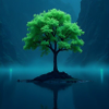 A solitary vibrant green tree stands majestically on a small island