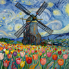 Starry Night Over Windmill and Tulips