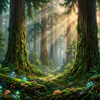 Sunlight filters through towering trees in a mystical forest with glowing fungi.
