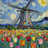 Starry Night Windmill and Tulips