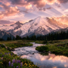 Beautiful snow-capped mountain with a winding river through a wildflower meadow at sunset
