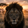 Powerful male lion with an intense stare illuminated by the golden sunset.