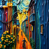 Vibrant Cyclists in Starry Night Alley