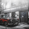 Fog and red car outside diner