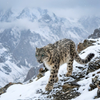 Rare snow leopard with piercing eyes traversing a rugged snowy mountain slope.